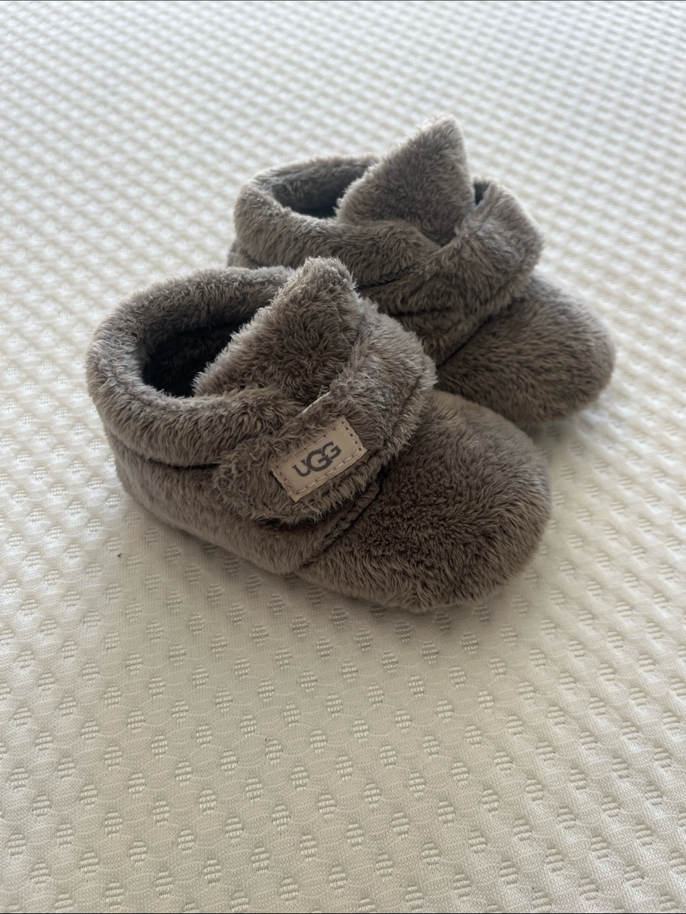 UGG Gray Plush Baby Booties with Velcro Strap